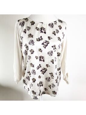 Ann Taylor Blouse Small Floral Blouse Stretch tab Sleeve Cream Purple Grey